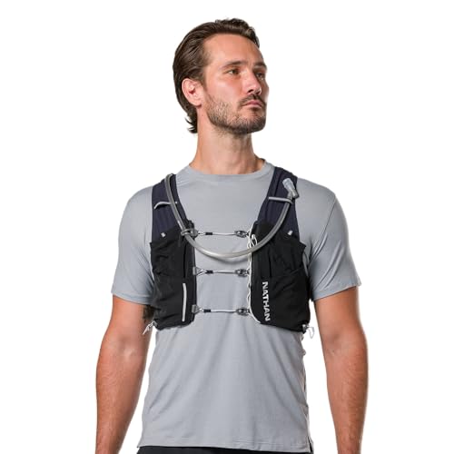 Nathan Hydration Vest 12L for Running & Hiking - Quick-Fit Adjustments, Breathable Mesh, 1.6L Insulated Bladder, Lightweight 8.8 oz, 6 Power Mesh Pockets, Diagonal Zip - Pinnacle Pro - size: X-Small, style: Black