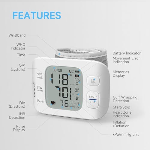 yuwell Wrist Blood Pressure Monitor | Clinical Accuracy, BP Machine for Home Use | Ultra Light Weight, Smart Inflation Blood Pressure Cuff, Large Display, 74 Readings, Rechargeable - style: YE8800CR