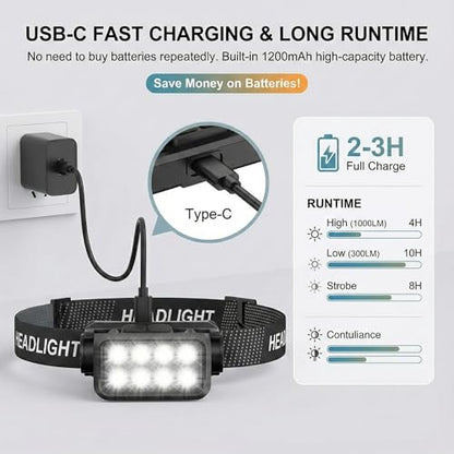 3 Pack Rechargeable Headlamp, 8 LED Head Lamp Flashlight with Motion Sensor, 1000 Lumens USB-C Headlight, Lightweight Waterproof Head Lamp for Adults Camping Running Hiking Fishing Work