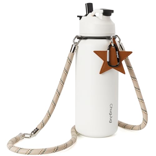 Cute Water Bottle with Strap, 40oz Insulated Stainless Steel Bottle for Girls, Travel & Daily Carry, Leak-Proof, Straw & Spout Lid, BPA-Free, Keeps Drinks Cold - color: Creamy Chill, size: 40 Ounces