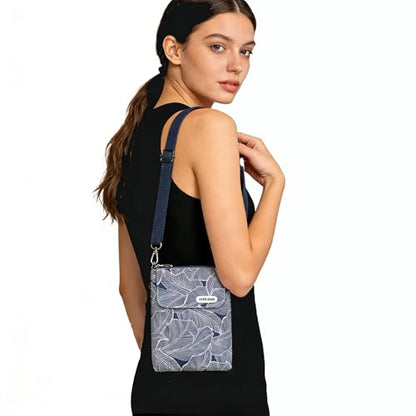 LassZone Canvas Cute Crossbody Bags for Women Mini Shoulder Handbag Cell Phone Purse Wallet Leaves Pattern Coin Pouch - color: Blue