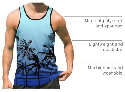 uideazone Mens Beach Tank Tops Summer Graphic Sleeveless Workout Shirt - color: Palm Tree Blue, size: XX-Large