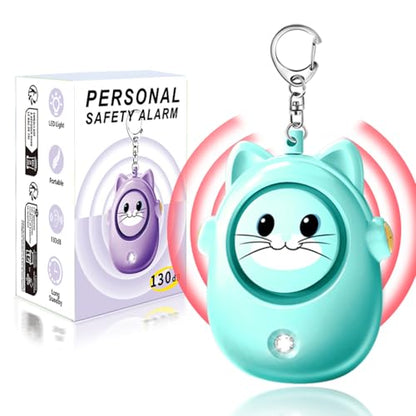 Personal Safety Alarm Keychain, 130dB Loud Siren, LED Light, Cute Cat Design Security Device for Women, Children, Elderly - color: Green