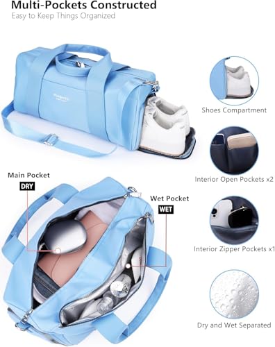 16" Gym Bag for Women,with Shoes Compartment and Waterproof Pocket,Sky Blue - color: Blue, size: 16" Small Size