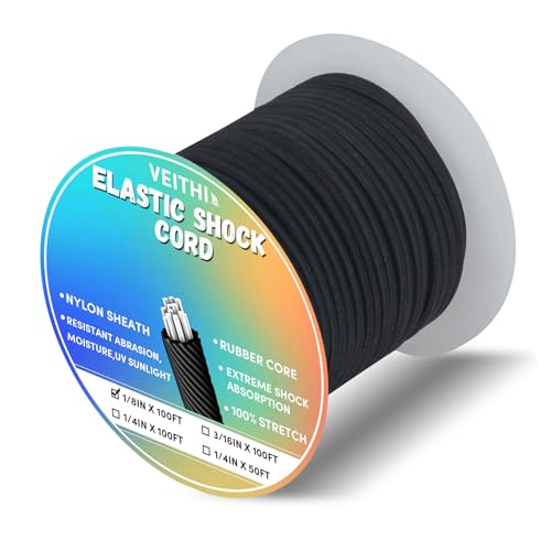 Shock Cord 1/8 inch,Black Nylon Elastic Rope,Bungee Rope,Bungee Cord Roll 100 ft-Bungee Shock Cord for Camping, Kayak,Decks for Repairing Tent Poles, DIY, Tie Downs - style: 1/8inx100ft Black