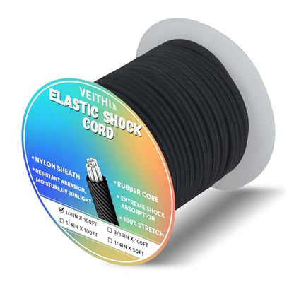 Shock Cord 1/8 inch,Black Nylon Elastic Rope,Bungee Rope,Bungee Cord Roll 100 ft-Bungee Shock Cord for Camping, Kayak,Decks for Repairing Tent Poles, DIY, Tie Downs - style: 1/8inx100ft Black