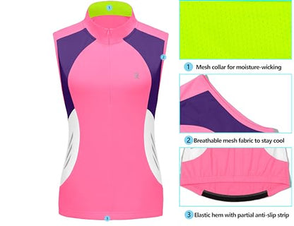 Little Donkey Andy Women's Half Zip Breathable Cycling Vests Reflective Sleeveless Jerseys Shirts Golf 4 Rear Pockets - color: Upgraded Pink, size: XX-Large