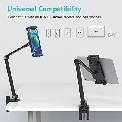 iPad Desk Mount, Adjustable Tablet Holder Clamp, 360 degree Rotation, Sturdy Aluminum Tablet Arm Mount for 4.7"-13" iPad Pro/Air/Mini, iPhone, Galaxy Tab, for Kitchen, Work, Video Call(Black) - color: Black