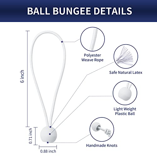 6 Inch Ball Bungee Cords, Heavy Duty UV Resistant Elastic Strap, Reusable Tie Down Cord with Balls, Indoor Outdoor Cords for Golf Net, Soccer Goals, Camping, Tent Poles, Hose (White, 20 Pack) - style: White 20 Pack