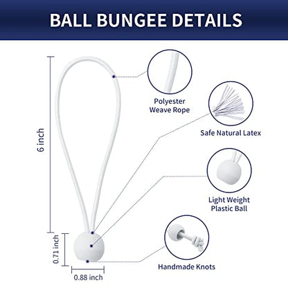 6 Inch Ball Bungee Cords, Heavy Duty UV Resistant Elastic Strap, Reusable Tie Down Cord with Balls, Indoor Outdoor Cords for Golf Net, Soccer Goals, Camping, Tent Poles, Hose (White, 20 Pack) - style: White 20 Pack