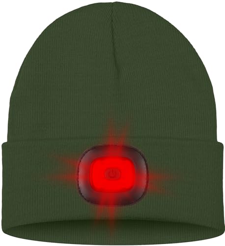 ATNKE LED Lighted Beanie Hat,USB Rechargeable 8 LED Red Glow Flashing Alarm Running Headlamp Cap Gifts for Men and Women - color: #Dark Army Green