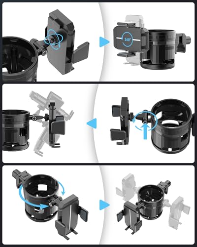 3-in-1 Universal Wheelchair Cup Holder for Walker, 360° Rotating Phone Holder with 2 Drink Holder for Bike, Rollator, Stroller, Scooter, Seniors, Bicycle, Safe and Stable, Black