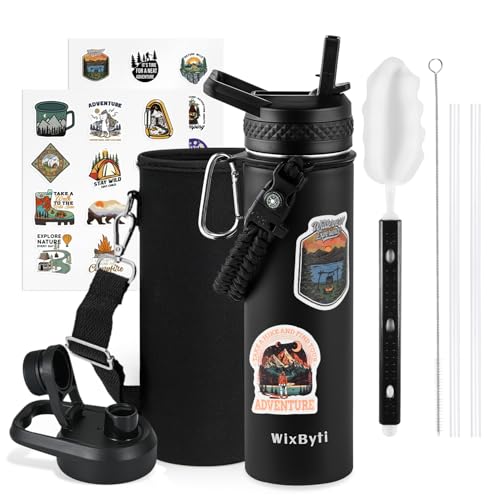 WixByti 20 oz Insulated Water Bottle with Straw, Stainless Steel Water Jug - color: Black, size: 20 Ounces