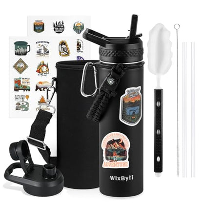 WixByti 20 oz Insulated Water Bottle with Straw, Stainless Steel Water Jug - color: Black, size: 20 Ounces