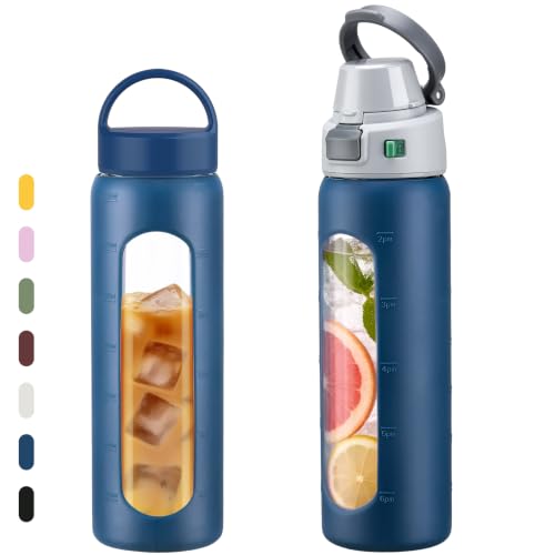 MUKOKO 24oz Glass Water Bottle with Straw, 2 Lids-Staw Lid and Screw Handle Lid, Reusable Drinking Bottle with Time Marker for Sports and Home, Dark Blue - color: Dark Blue, size: 24 Ounces