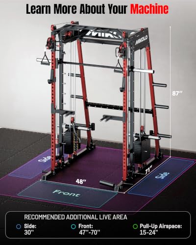 Mikolo M4 2.0 Smith Machine, 2200lbs Squat Rack with LAT-Pull Down System & Cable Crossover Machine, Training Equipment with Leg Hold-Down Attachment - color: Red, size: M4 2.0 Elite Package (with Color BP230lbs)