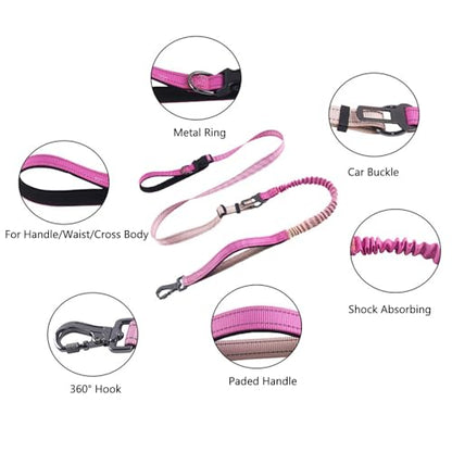 Hands Free Dog Leash for Large Medium Dogs Heavy Duty Bungee Reflective Adjustable Waist Leashes for Walking Running with Car Buckle 4-6FT (Rose) - color: Rose