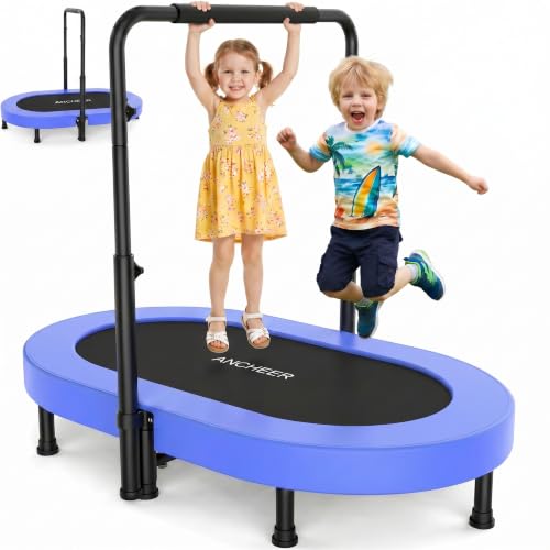 ANCHEER 56" Double Mini Trampoline for Kids, Mini Rebounder with 5-Level Adjustable Handle, Parent-Child Trampoline for Kids, Max Load 220lbs, Fun for Indoor/Outdoor - color: Blue