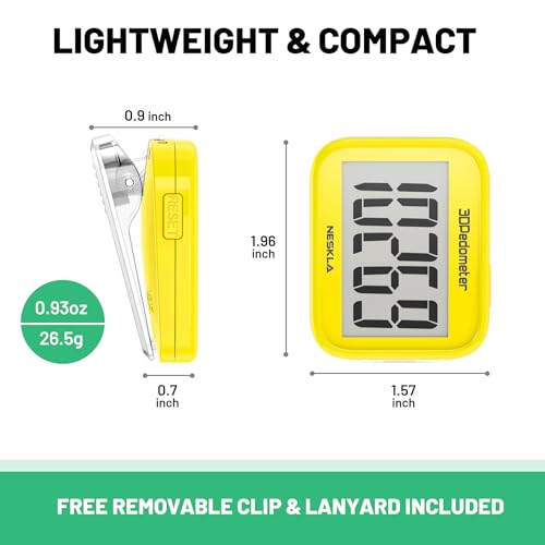 NESKLA 3D Pedometer, Simple Step Counter with Large LCD Display for Walking - color: Yellow