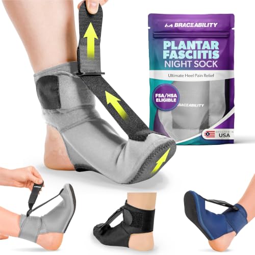 BraceAbility Plantar Fasciitis Night Splint Sock - Plantar Fascia Boot for Sleeping, Achilles Tendonitis Relief, Foot Drop, Heel Pain - Planter Facetious Brace for Women and Men - Gray (S) - color: Gray, size: Small