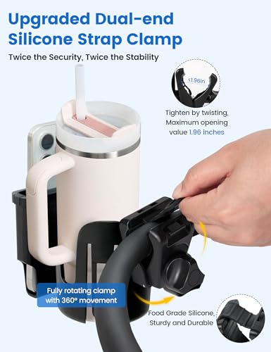 Wheelchair Cup Holder with Phone Holder, 2-in-1 Walker Cup Holder, 360° Rotatable Clamp with Silicone Shock Protection, Accessories for Rollator Walker with Seat, Wheelchair, Walker, Camper, Golf Cart