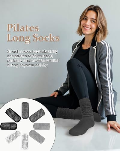 Pilates Socks with Grips for Women, Yoga Slouch Scrunch Socks - color: Gray Black White