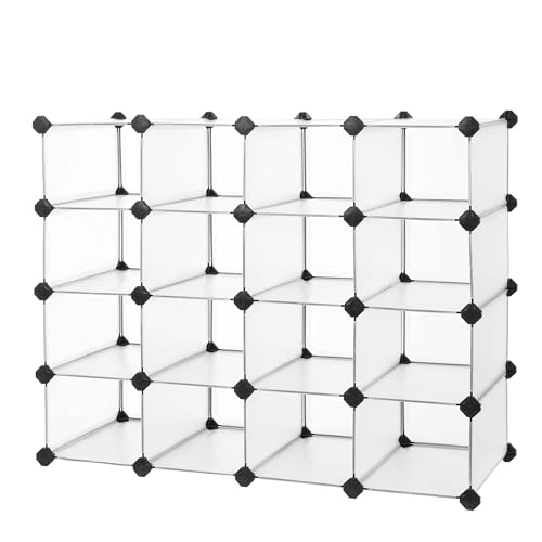 SONGMICS Shoe Rack with 16 Cubes, Interlocking Plastic Shoe Organizer, DIY Storage Cabinet for Closet Entryway Bedroom Garage, Space Saving Design, 12 x 35.1 x 27.2 Inches, Transparent ULPC445W02 - color: Transparent, size: 16 Cubes (12”D x 27.2”H)