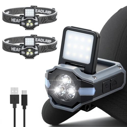 Foleto Hat Clip Lights, 2 Pcs 900lm Rechargeable Dimmable Clip on Cap Lights, 180° Adjustable Waterproof Bright Headlamp Flashlight, Led Hat Light for Running, Fishing, Camping, Hunting, Working(T153)