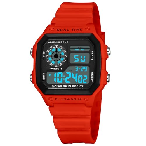 PASOY Men's Digital Sport Watch Waterproof Dual Time Stopwatch Countdown - color: Red A