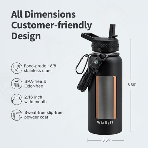 WixByti 32 oz Insulated Water Bottle with Straw, Stainless Steel Water Jug - color: Black, size: 32 Ounces