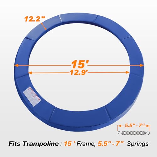 Exacme Trampoline Pad Replacement 16 15 14 13 12 10 8 Foot, Waterproof Safety Spring Cover Round Frame Pad, No Hole for Pole - color: Blue, size: Fit 15FT Frame Only, style: Without Opening Design