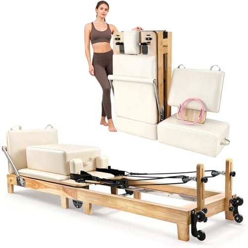 Drexo Pilates Reformer Machine, 95’’ Foldable Oak Wood Pilates Reformer, Quick-Assembly Studio-Grade Pilates Equipment with Reformer Heights, Reformer Accessories for Gym, Home, Ultral - color: White