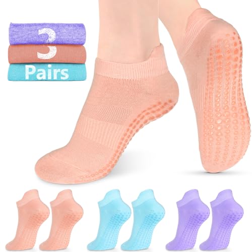 AURUZA Grip Socks for Women Men Pilates Grip Socks Non Slip Yoga Sock with Grips for Barre Barefoot Hospital Grippy Sock - color: 3 Pairs - Pink/Blue/Purple, size: Medium