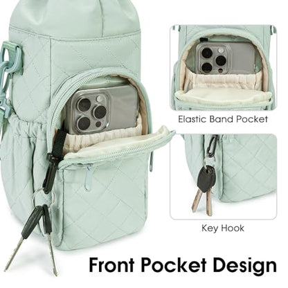 sportsnew 40oz Insulated Crossbody Water Bottle Bag Gym Hiking Phone Pocket - color: Quilt Green