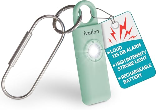 Ivation Personal Rechargeable SOS Alarm, Pocket Size Loud 130dB Sound Safety Siren & LED Panic Strobe Light with Carabiner Keychain Clip for Women, Children & Seniors, Green - color: Green