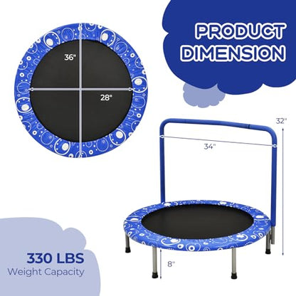 GYMAX Indoor Trampoline, 36” ASTM Approved Kids Trampoline with Removable Handrails & Safety Pad, Spring-Free Folding Mini Rebounder, Small Fitness Trampoline for Toddler/Adults - color: Blue