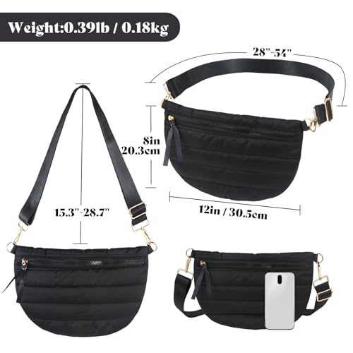 Quilted Crossbody Bags for Women Puffer Fanny Pack Sling Bag Puffy Chest Belt Bum Waist Crossbody Purse Bags Quilted Shoulder Bag for Women - color: BLACK