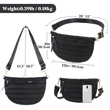 Quilted Crossbody Bags for Women Puffer Fanny Pack Sling Bag Puffy Chest Belt Bum Waist Crossbody Purse Bags Quilted Shoulder Bag for Women - color: BLACK