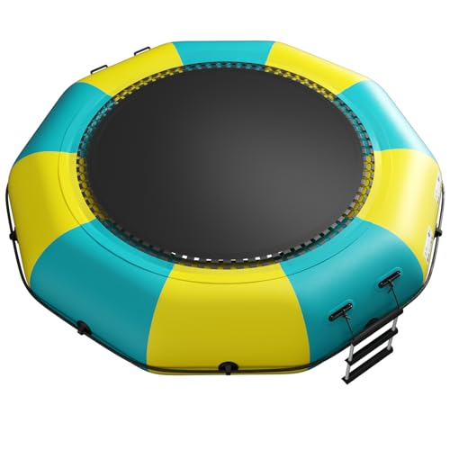 10Ft 12Ft 15Ft Inflatable Water Trampoline, Recreational Bouncer, Portable Bounce Swim Platform with 4-Step Ladder, Adults Trampoline for Pool, Lake Water Sports - color: Blue/ Yellow, size: 10FT