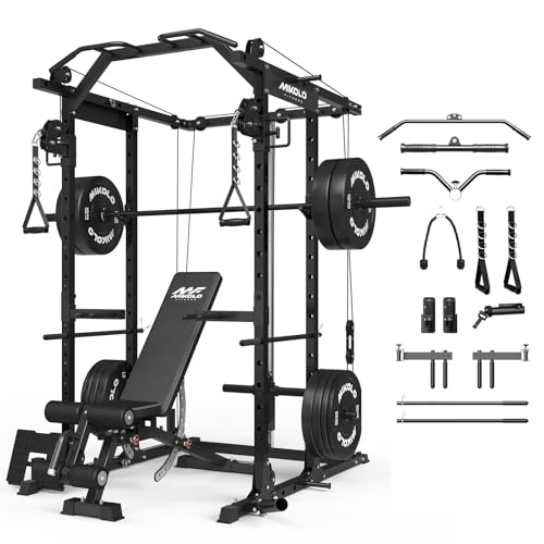Mikolo Power Cage, Power Rack with Cable Crossover System, 1500LBS Squat Rack with LAT Pull Down System, Workout Cage with Pulley System for Fitness Home Gym - color: Black, style: Package with BP 370LB