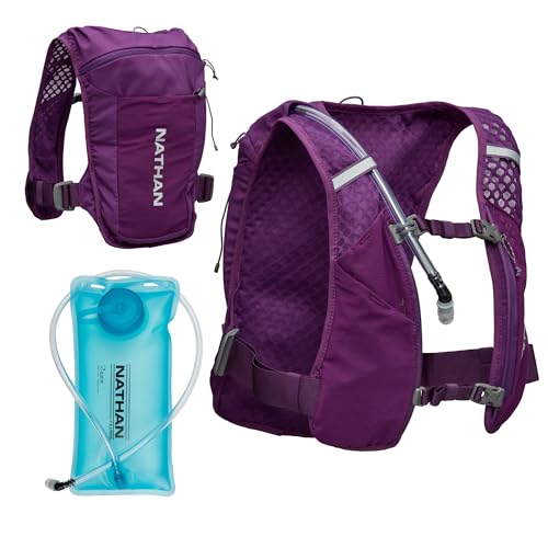 Nathan QuickStart Hydration Pack Vest with Bladder or flasks, Storage Pockets, Breathable Moisture-Wicking Fabric, Adjustable Straps for Running, Hiking, Walking, Marathons, Obstacle Races - color: 1.5L Purple 4L Storage, size: 4L Storage