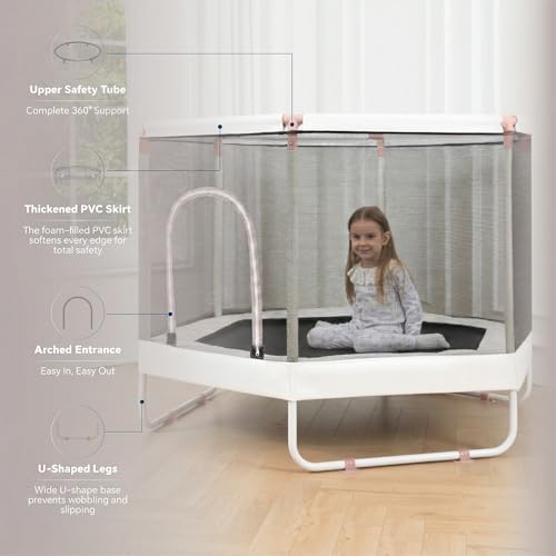 LUSK 60'' Kids Trampoline, Indoor Toddler Trampoline with Safety Net, 500lb Capacity, Safe No-Gap Design & Kid-Friendly Materials, Gifts for Boys & Girls - color: Nude Pink