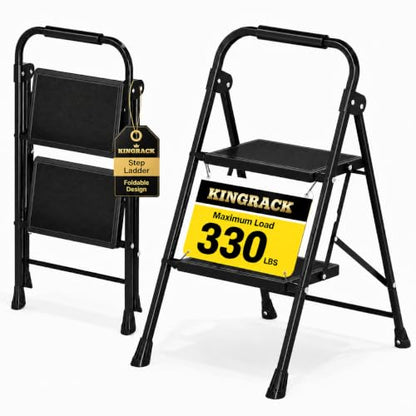 KINGRACK 2 Step Ladder Folding Step Stool with Handrail for Kitchen Black - size: 2-step