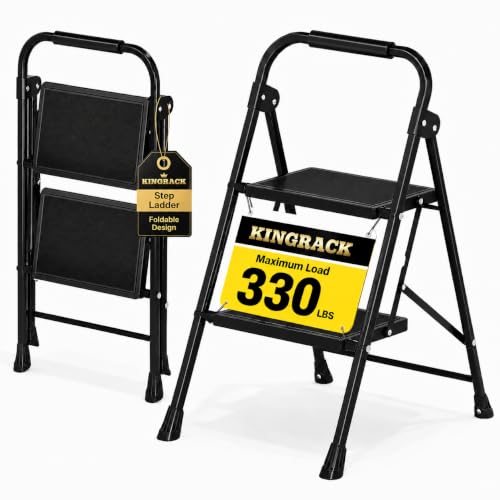 KINGRACK 2 Step Ladder Folding Step Stool with Handrail for Kitchen Black - size: 2-step