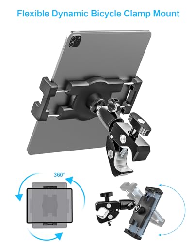 Aluminum Spin Bike Tablet Mount, Handlebar Clamp Tablet Holder for Exercise Bicycle, Indoor Treadmill, Stationary Bike for iPad Pro Air Mini, Galaxy Tab, Z Fold, iPhone, Fire, e-Books, 4.7-13" Devices