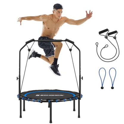 SONGMICS 40 Inches Mini Fitness Trampoline, Fitness Rebounder with Adjustable Handrail, Foldable Trampoline for At-Home Workout, Max. Load 264.6 lb - color: Blue + Black