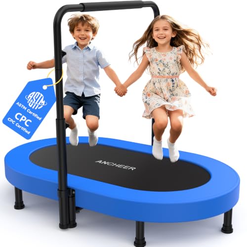 ANCHEER 56" Toddler Trampoline, ASTM & CPC Certified - Foldable Mini Trampoline for Ages 1-8 with Adjustable Handle, Indoor/Outdoor Kids Trampoline, Foam Handle & Safty Pad, Easy to Assemble, 220LBS - color: Deep Blue, size: 56"