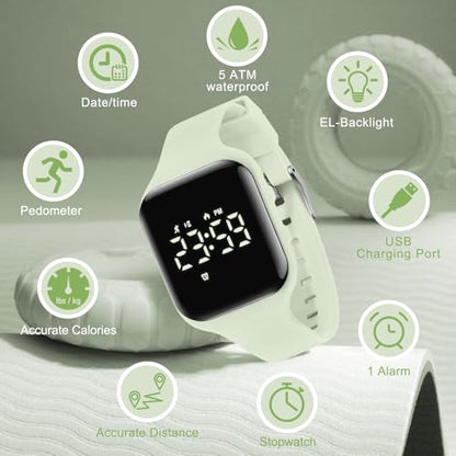 Kids Watches for Girls Boys Digital Sport Watch with Step Counter Pedometer Vibration Alarm Clock, No App Waterproof Fitness Tracker Kids Watch Boys Girls Teens Students Ages 5-16 - color: 028-E-GrayishGreen