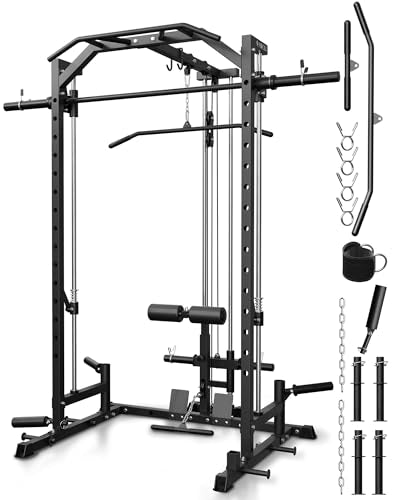 Mikolo Smith Machine Home Gym Power Cage (1:1 Ratio Strength Trainer) (Space Saving Design) (with 8 Free Attachments) Squat Rack for Full Body Training - style: M1 Upgraded 3.0