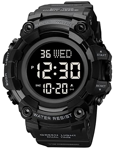 XCZAP Men's Black Digital Sports Watch, Large Face Military Tactical Watch, 5ATM Water Resistant, LED Backlight, Alarm, Stopwatch,Dual Time - color: Full Black